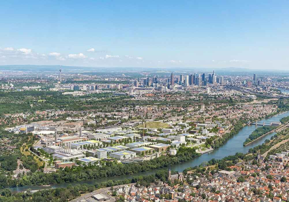 Vogelperspektive auf das Quartiersprojekt FRANKFURT WESTSIDE mit moderner Architektur und urbaner Nutzungsmischung in Frankfurt am Main