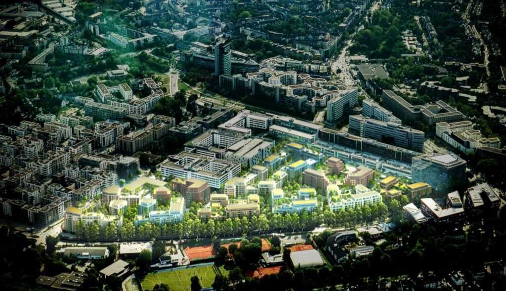 Luftansicht des neuen D.STRICT Quartiers in Düsseldorf – modernes Mixed-Use-Areal mit Wohnen, Arbeiten und urbanem Leben