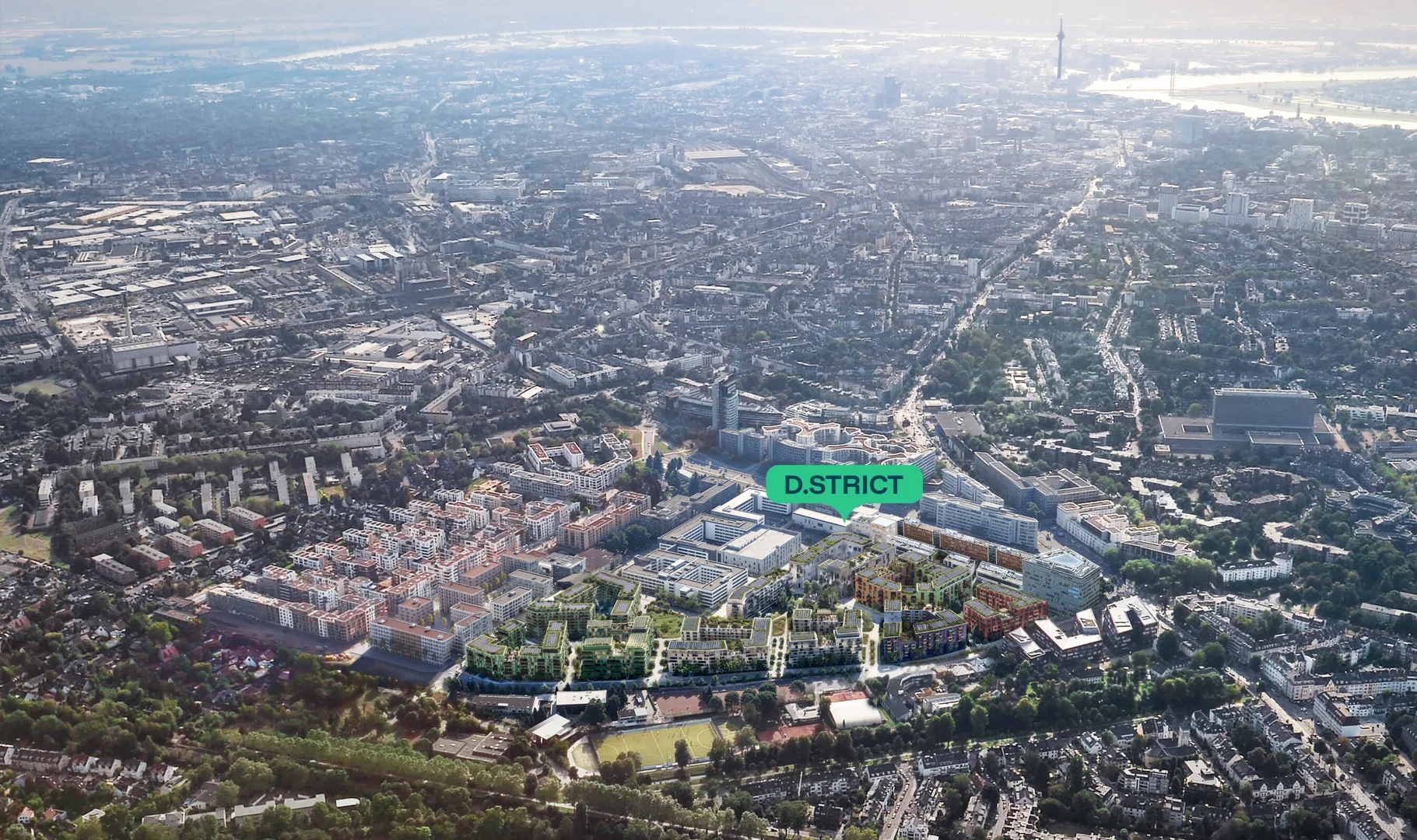 Vogelperspektive auf das geplante Stadtquartier D.STRICT in Düsseldorf‑Flingern.