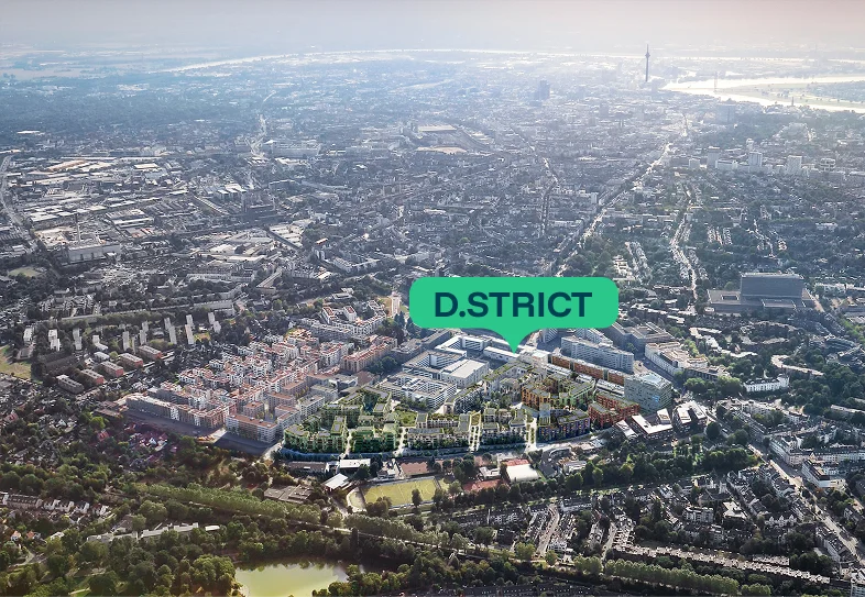 Vogelperspektive auf das geplante Stadtquartier D.STRICT in Düsseldorf‑Flingern.
